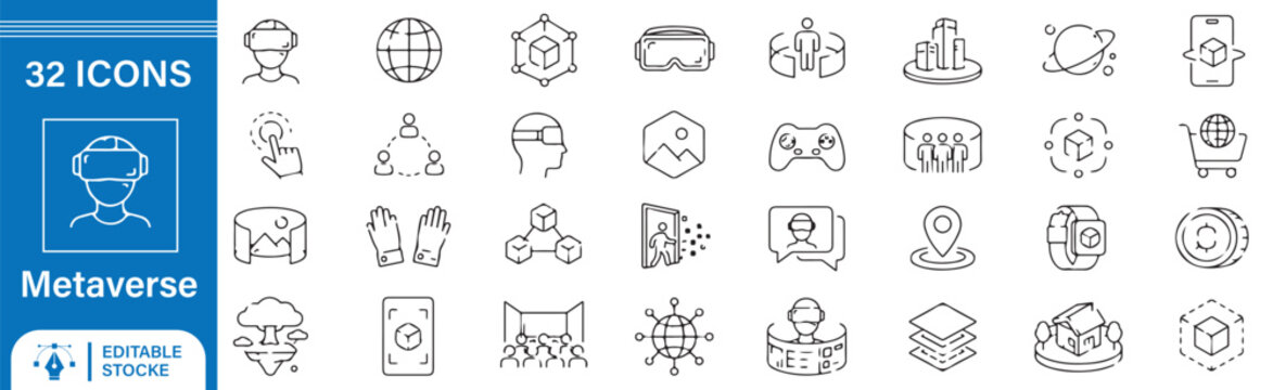 32 Metaverse Vector Outline Icons Set &ndash; Virtual Reality, VR, Digital World, Web3 and Immersive Technology Line Symbols Collection
