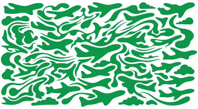 Green abstract camouflage vector pattern with airplane and cloud silhouettes for textile design