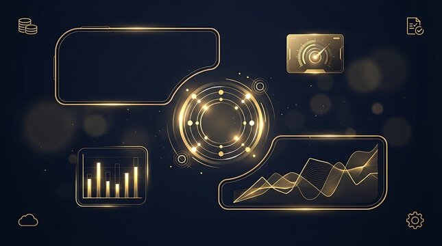 Futuristic HUD dashboard with golden data visualization charts, glowing UI interface elements on dark background, digital analytics display