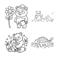 Obraz premium Adorable animal coloring page set panda bear and dinosaur designs for kids' creative activities