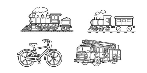 Obraz premium Line art transportation collection trains bicycle and fire truck