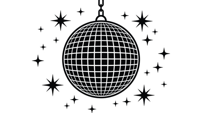 Minimalist black and white vector illustration of a classic disco ball hanging from a chain surrounded by various sized sparkling star shapes on a clean and solid white background surface