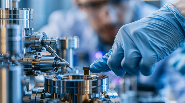 Close-up of researcher's gloved hands placing a superconducting quantum material sample into a dilution refrigerator port, cryogenics laboratory precision work, low-temperature