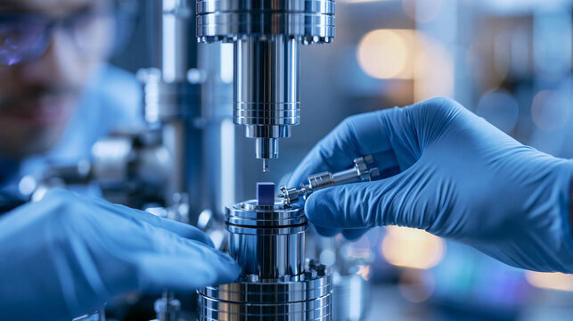 Close-up of researcher's gloved hands placing a superconducting quantum material sample into a dilution refrigerator port, cryogenics laboratory precision work, low-temperature