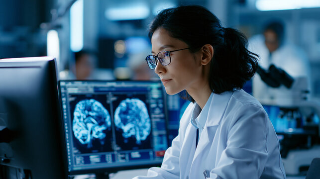 University researcher working in a neuroscience laboratory, analyzing brain data on a monitor, academic research lifestyle concept, with copy space