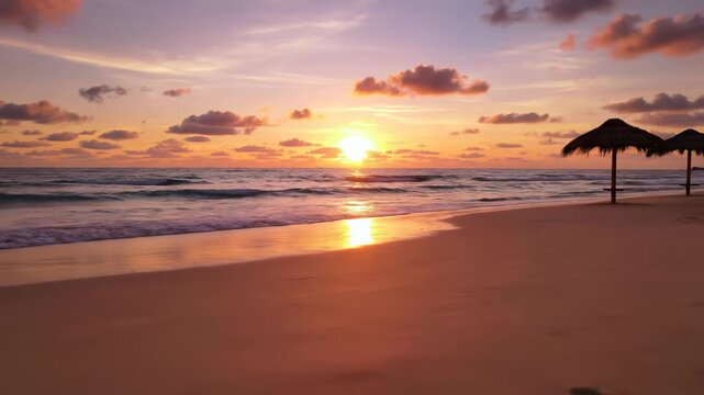 Vibrant sunset over a wide sandy beach featuring two thatched umbrellas, calm ocean waves, orange glowing sky with soft clouds, sun reflection on water, and footprints in the sand.