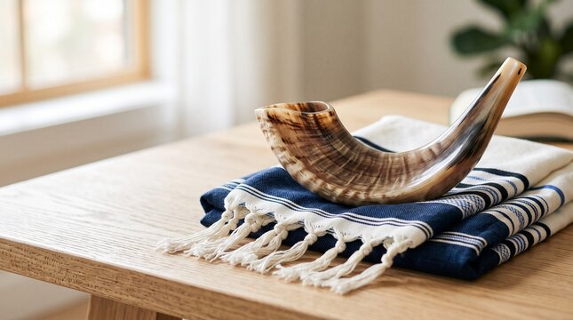 Shofar and prayer shawl on a light wooden table with sunlight. Jewish religious ritual objects used during the high holy days of Rosh Hashanah and Yom Kippur for synagogue services and worship.