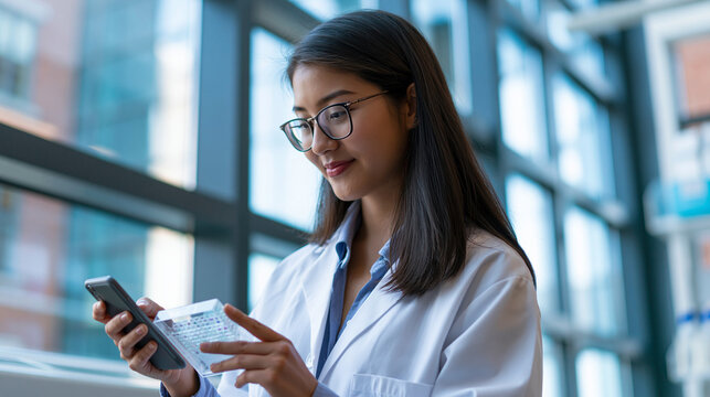 Graduate student working in a sunlit glass-walled neuroscience building, photographing a neurodegeneration biomarker immunoassay plate, cataloging well positions in a digital