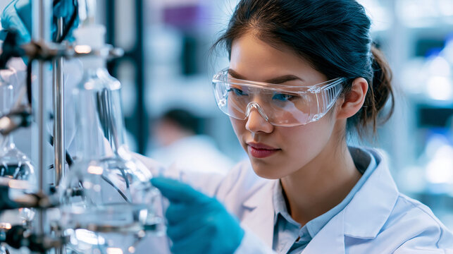 Nutrition scientist wearing protective goggles operating a rotary evaporator to concentrate plant-based protein extract in a university food technology laboratory, sustainable