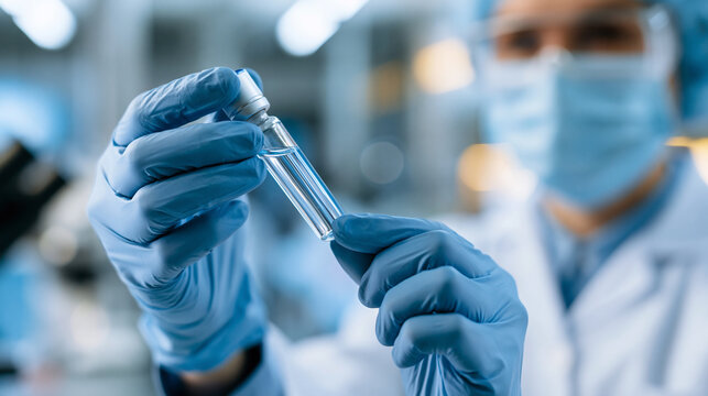 Faceless technologist holding a sample of a pharmaceutical product in a sterile lab environment, pharmaceutical quality control concept, with copy space