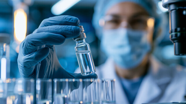 Faceless technologist holding a sample of a pharmaceutical product in a sterile lab environment, pharmaceutical quality control concept, with copy space
