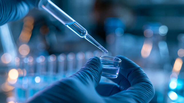 Close-up of gloved hands pipetting quantum dot nanoparticle solution in a chemistry laboratory fume hood, materials synthesis, nanotechnology fabrication, photoluminescence