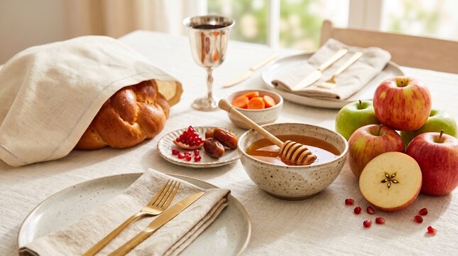 Traditional rosh hashanah table set for a festive meal with challah bread, honey, pomegranate and apples. Jewish New Year holiday celebration theme for religious dinner and family gathering.