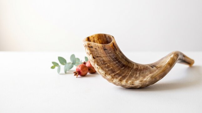 Traditional shofar close up on a white surface with small fruit seeds in the background. Ritual ram horn for the Rosh Hashanah religious holiday and Jewish High Holy Days ceremony themes.