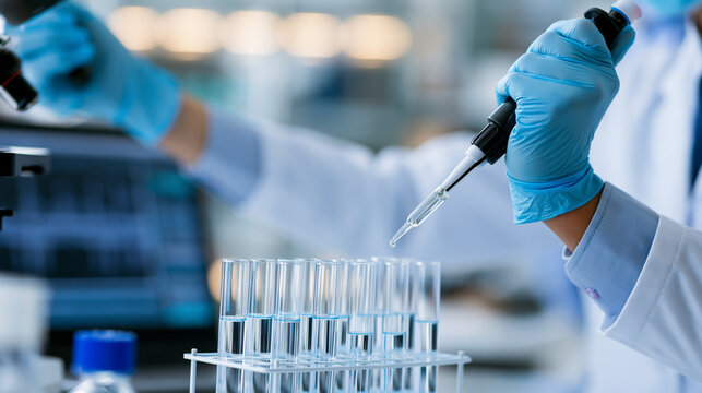 Close-up of a faceless laboratory technician pipetting liquid samples extracted from processed food packaging into test tubes in a food science facility, chromatography readout