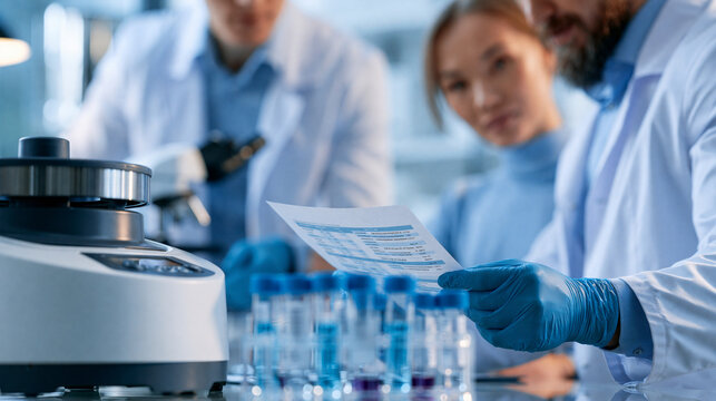 Endocrinologist and behavioral researcher reviewing oxytocin assay results together at a shared laboratory bench, centrifuge equipment and labeled specimen tubes nearby, bonding