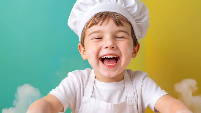 Little boy wearing chef hat laughing while rolling dough. Joyful child playing with flour in bright kitchen. Panning camera shot.