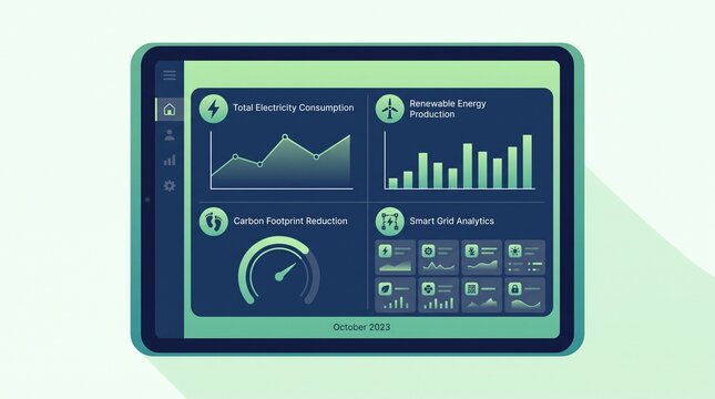 Digital tablet displaying modern green energy dashboard with charts and analytics.