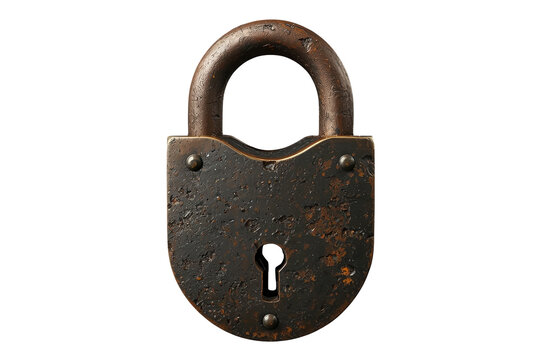 Old rusty metal padlock standing upright, representing security, protection, and restricted access on a transparent background