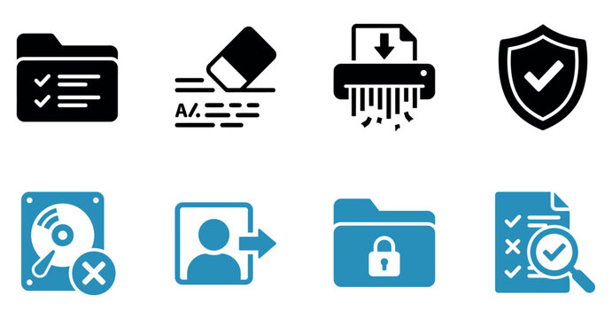 Set of data security and management flat icons including file folder shredder shield and hard drive Minimal solid fill icon set bundle collection. Editable Vector Illustration Mega pack