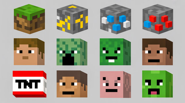 Collection of Pixelated Blocky Characters and Resource Icons Set