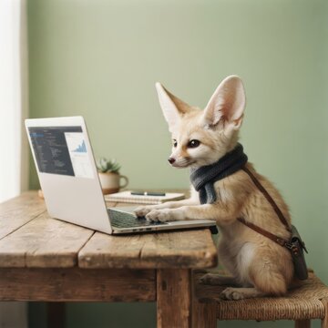 Smart dedicated fennec fox with laptop at stylish remote work setting