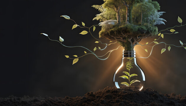 Glowing light bulb with a small forest growing on top out of dark fertile soil. Green technology and clean energy innovations. Sprout growing inside glass lamp under warm glowing light beam