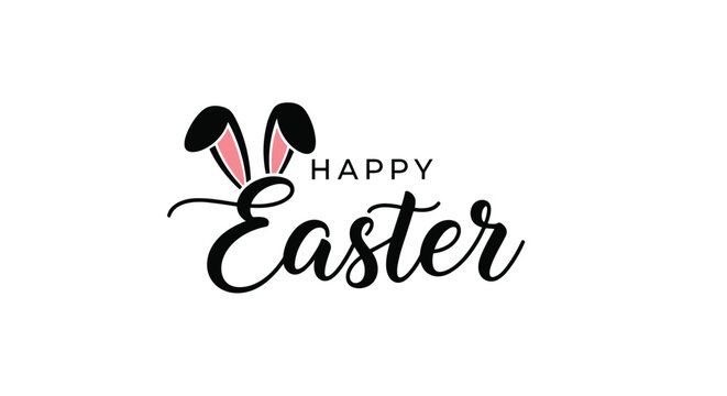 Minimalist Happy Easter greeting design featuring stylish black calligraphy text and cute bunny ears with pink inner details.