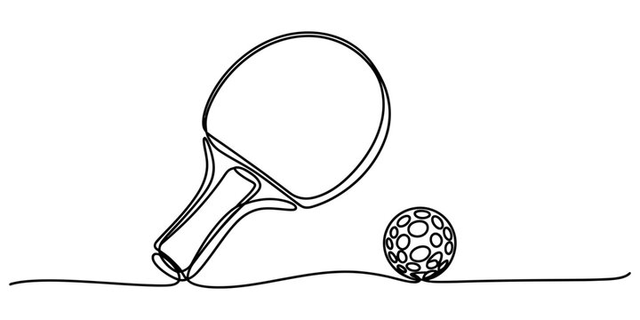 Continuous single line drawing of a table tennis racket and a ping pong ball for sports design