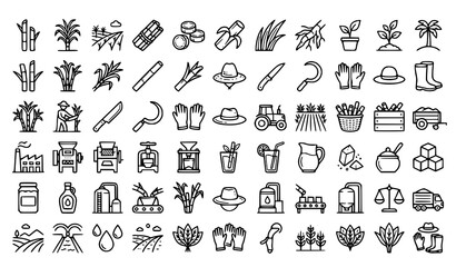 Sustainable Sugarcane Agriculture and Industrial Sugar Manufacturing Line Icon Set Featuring Plantation Fields, Harvesting Sickles, Milling Machinery, and Sweet Refinery Factory Processing Systems © MdRifat