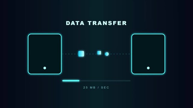 Data transfer animation between mobile devices, digital file sharing interface with progress bar, futuristic technology information exchange