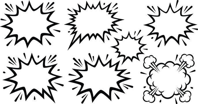 Hand Drawn Comic Explosion Burst Collection with Sketch Starburst Frames and Pop Art Elements