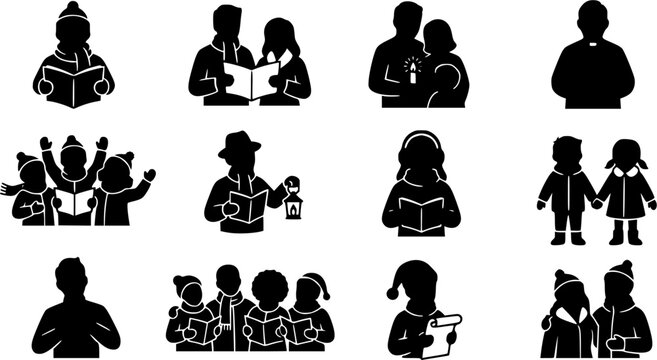 Christmas Carol & Singing silhouette icon set, flat black glyph style, pure white background