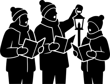 Christmas Carol & Singing silhouette icon set, flat black glyph style, pure white background