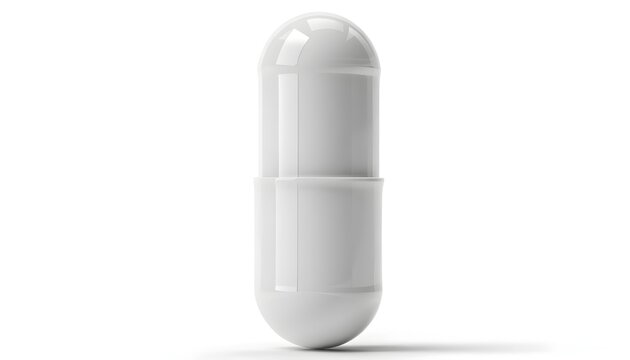 Empty white pharmaceutical capsule for medical design. Blank supplement pill template for health product branding.