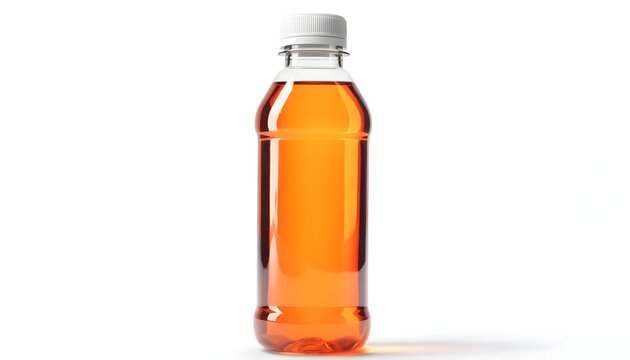 Transparent plastic bottle with fresh orange juice. Cold citrus drink container for healthy lifestyle and hydration.