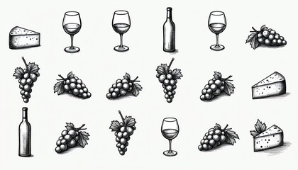 Obraz premium Collection of hand-drawn wine elements including bottles glasses grapes cheese slices. Ink line art sketch style icons useful for menus or invitations. Vintage graphic design asset.
