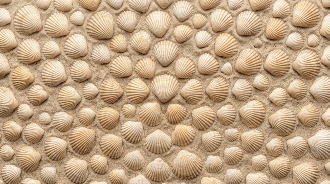 Seashell mosaic a dense pattern of cream and beige scallop shells on sand