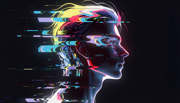 Colorful profile glitch art silhouette illustration. Digital sensory overload concept. Human head shape shifting into abstract rainbow tech particles isolated on black background