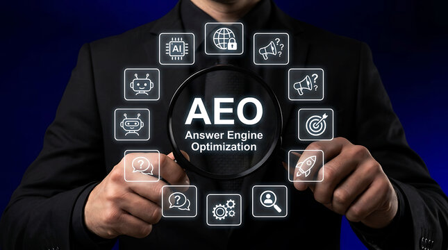 Businessman holding magnifying glass over AEO Answer Engine Optimization concept