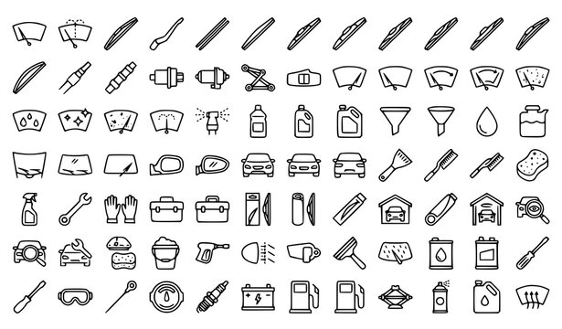 Car Windshield Wiper and Auto Detailing Service Line Icon Set Featuring Cleaning Tools, Maintenance Equipment, and Garage Supplies for Automotive Repair Mobile Applications