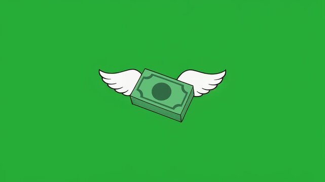 Flying money stack with white wings cartoon illustration in green screen background.