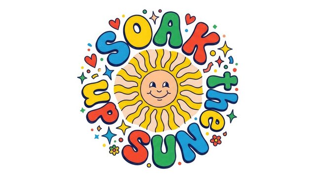 Retro summer illustration 'soak up the sun' with smiling sun and floral accents