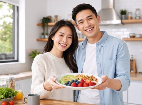 Happy young Asian couple holding a plate of healthy breakfast in the kitchen. Smiling man and woman with fresh avocado, berries, and granola. Healthy lifestyle concept