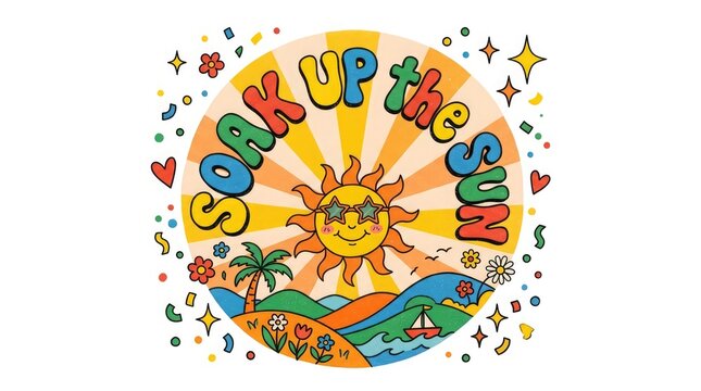 Retro summer illustration with sun palm trees and beach scene for vacation designs