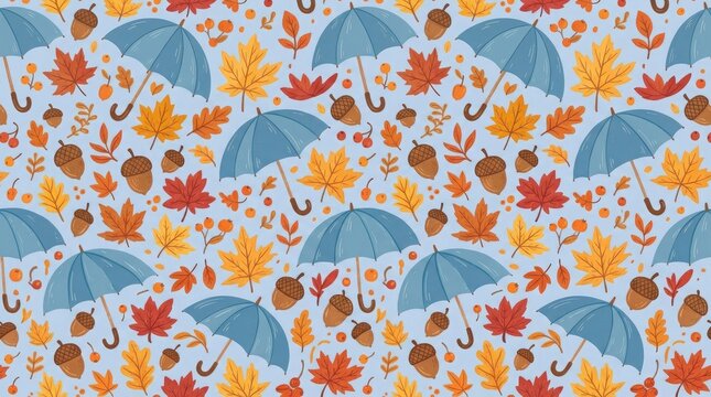 Autumn seamless pattern with umbrellas leaves and acorns for fall decor