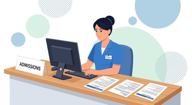 Hospital admissions clerk working at computer, patient forms on desk