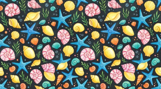 Vibrant watercolor seashells and starfish pattern on dark background