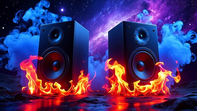 Black speakers in fire and purple cosmos
