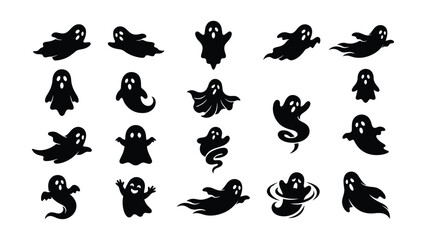 Fototapeta premium A variety of flying ghost silhouettes isolated on white background. Ideal for creative Halloween graphic assets and.